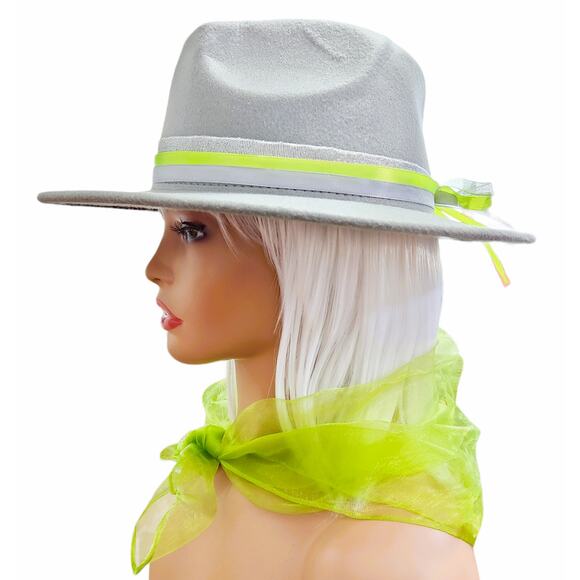 Fedora Hat Gray Women with Gray, Lime & Silver Band along with Small Lime Scarf - Picture 5 of 5